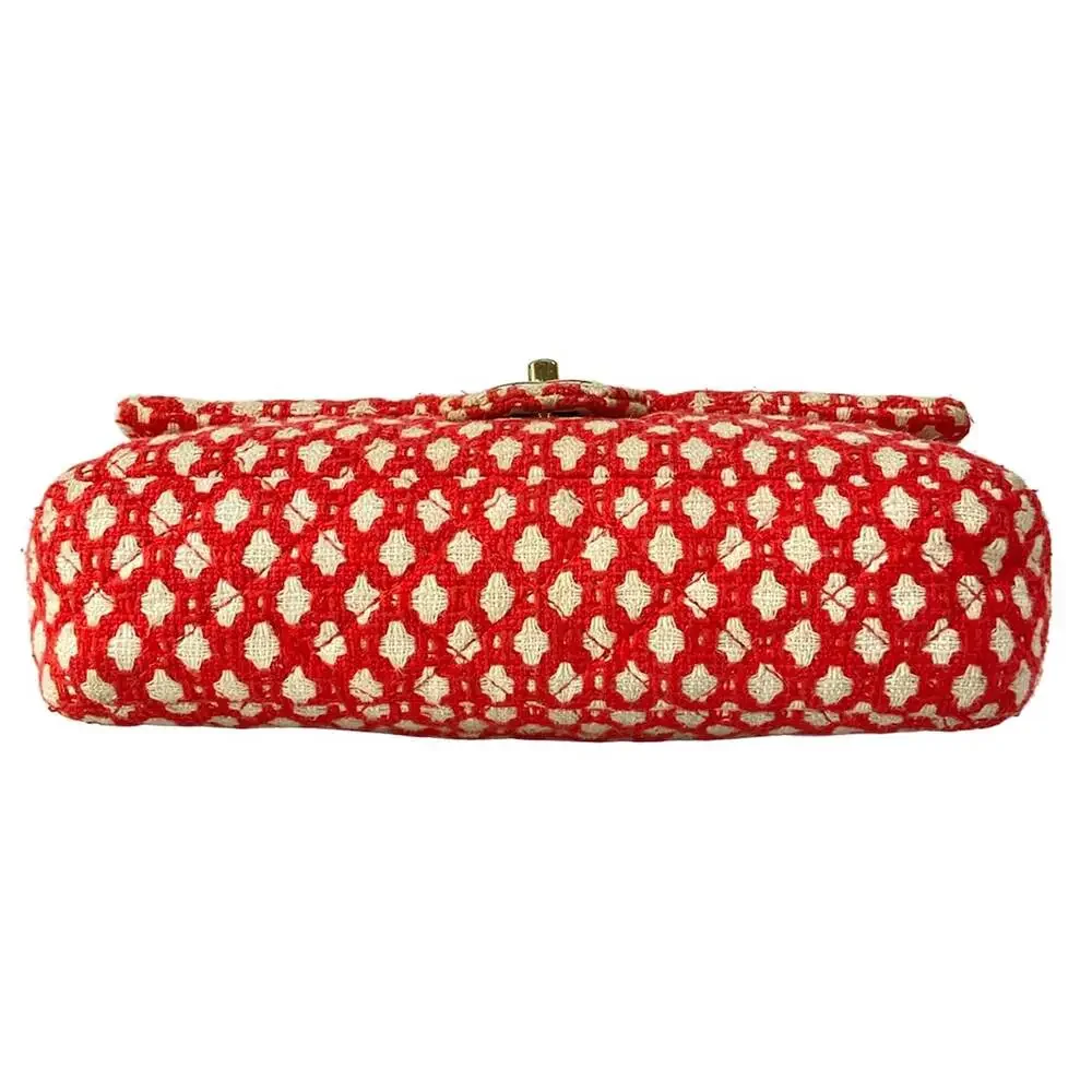 Chanel Double Flap Matelasse Shoulder Bag Red Cream Gold Tweeds Hardware
